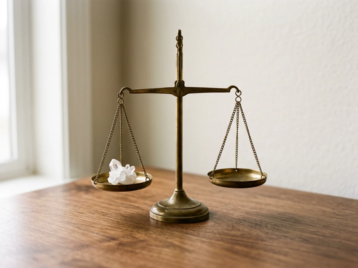 Brass balance scale and clear crystal representing honest, direct psychic guidance