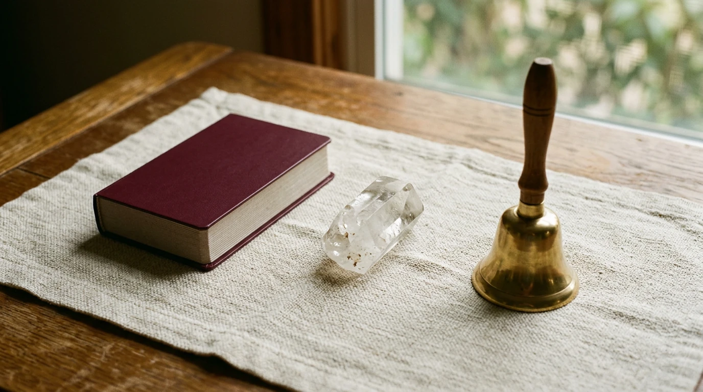 Tarot deck, clear quartz point and brass bell for psychic services in Woodland Hills