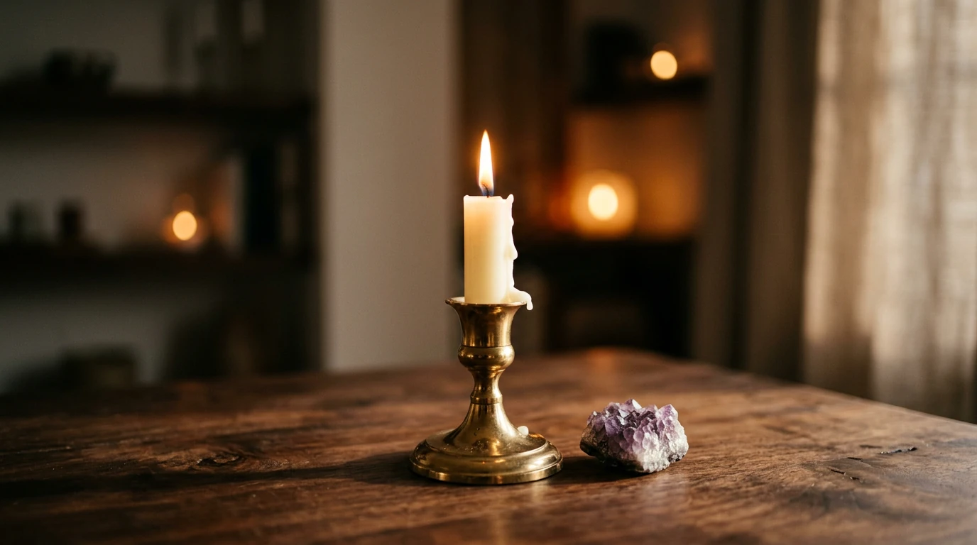 Warm Woodland Hills spiritual reading studio with brass candle holder and amethyst